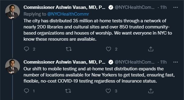 Screenshots of tweets made July 5th, 2022 from the official account of the New York City health commissioner.
